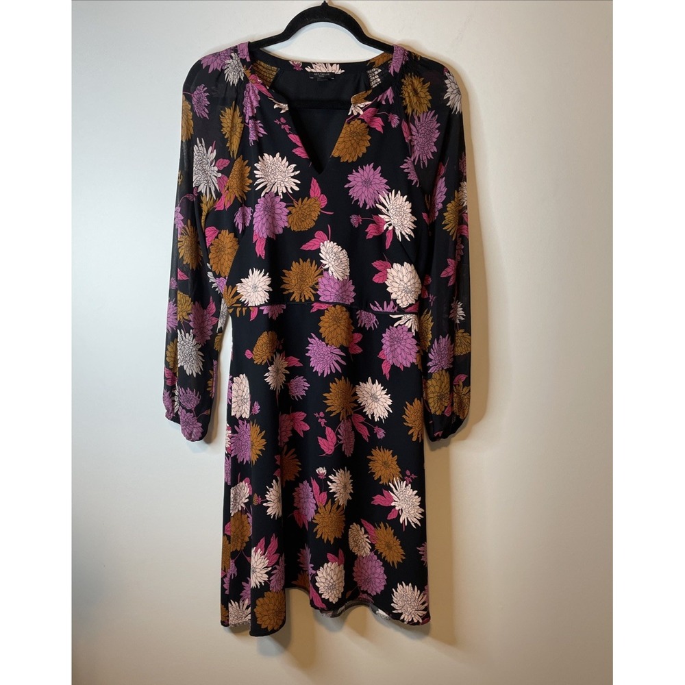 Ann Taylor Petite 8P Black Floral V Neck Long Sleeve Dress Fit Flare